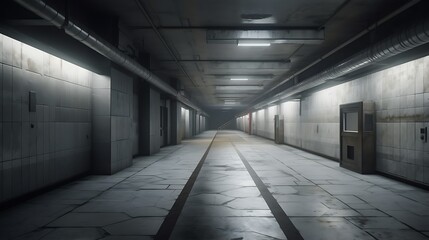 Obraz premium Dark, long corridor with tiled floor, pipes, and doors.