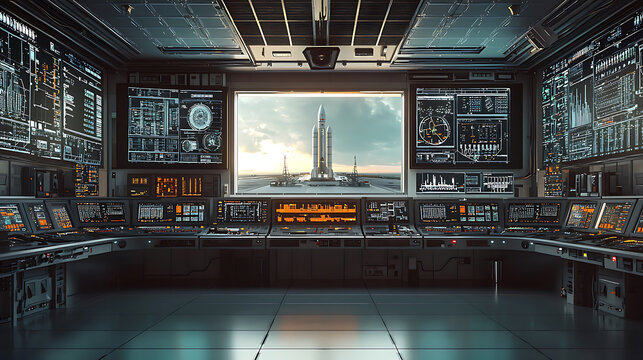futuristic rocket launch control room with advanced technology and screens, illuminated by natural sunlight