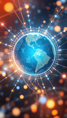 Digital data network conveying global abstract illustration of a scientific technology data network surrounding planet earth conveying connectivity, dinamic scene, with white tones