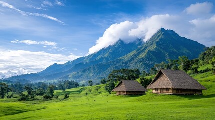 Obraz premium Two traditional houses on a green hillside with mountains and blue sky.