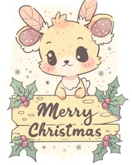 Adorable cartoon deer holding a "Merry Christmas" sign surrounded by holly and snowflakes.