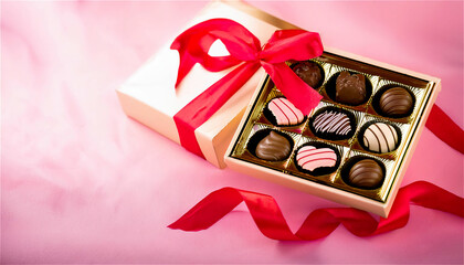 This is a romantic close-up of an elegant pink gift box filled with various chocolates on a soft pink background