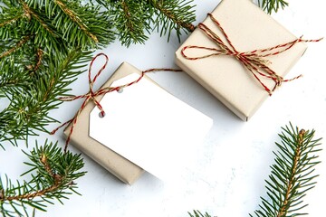 Christmas Presents with Blank Tags and Fir Tree Branches on White Background for Festive Holiday Decor