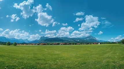 Sunny day panorama of green field, village, and mountains.