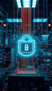Cybersecurity Concept with Glowing Padlock on a Digital Circuit Board, Demonstrating Online Protection and Data Safety, Perfect for Technology, Information Security, and Digital Privacy Themes