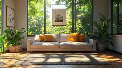 Modern living room with large windows and lush greenery. Concept of relaxation, nature, and tranquility.