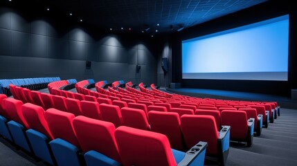 Empty modern cinema auditorium featuring red chairs and a large blank projection screen