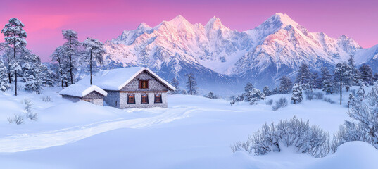 Fototapeta premium Snowy cabin with majestic mountains at sunset, serene winter landscape
