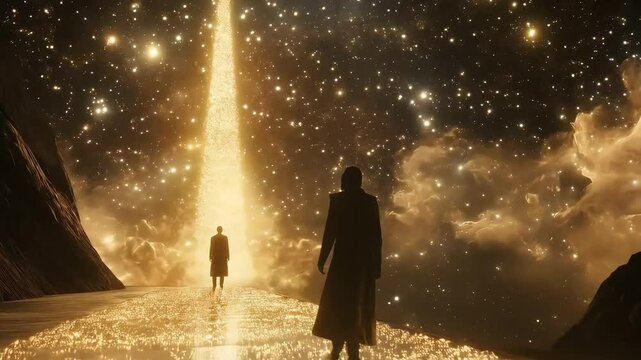 A person walking towards a bright light in a starry night sky