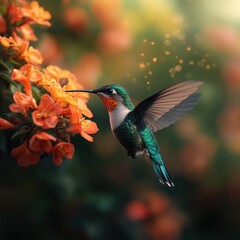 Obraz premium Colorful Hummingbird Feeding on Vibrant Orange Flowers in Nature