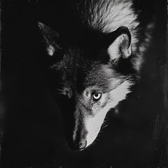 Dark Wolf Portrait Gazing Directly at Observer with Black Fur and Intense Single Eye in Fo