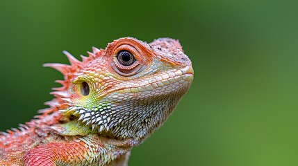Close-up of a vibrant orange and green lizard against a blurred green background.