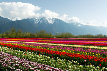 Cultivated Tulip Field Fraser Valley Mount Cheam Peak