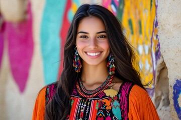Smiling woman in vibrant traditional attire against colorful background.