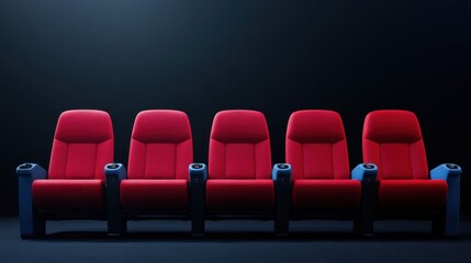 Obraz premium Modern Red Cinema Seats in a Dark Movie Theater Setting with Minimalist Design and Elegant Style
