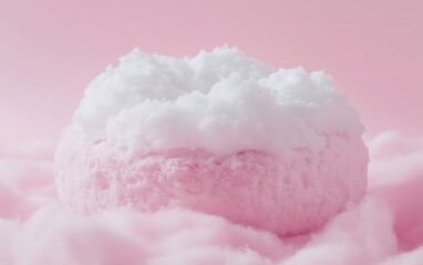 Pink and white dessert resembling a donut on pink clouds.