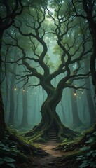 Twisted Tree with Glowing Lights in Enchanted Forest with Stairs