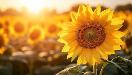 Fototapeta premium Vibrant sunflower in a field at sunset. (1)