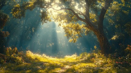 Fototapeta premium Sunlit forest path, vibrant flowers, magical scene.