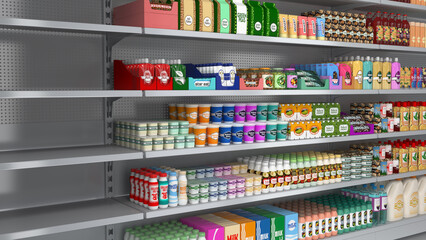 Supermarket shelves with dairy and other food products, design template for mockup. 3d illustration