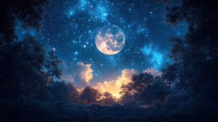 Fototapeta premium Forest, night sky, large moon, starry expanse.