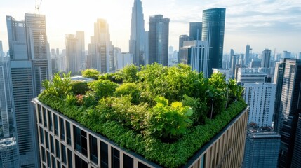 Obraz premium Vibrant Rooftop Garden Overlooking Bustling Cityscape with Lush Greenery and Skyscrapers in a Modern Urban Environment