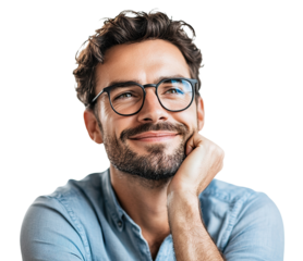 Thoughtful man with a gentle smile, isolated on transparent cutout background