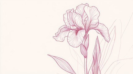 Delicate pink line art iris flower illustration.