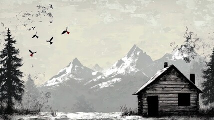 Fototapeta premium winter forest serenity: explore a sustainable off-grid lifestyle with a wooden cabin powered by wind and solar energy - a perfect poster for outdoor and nature-inspired decor!