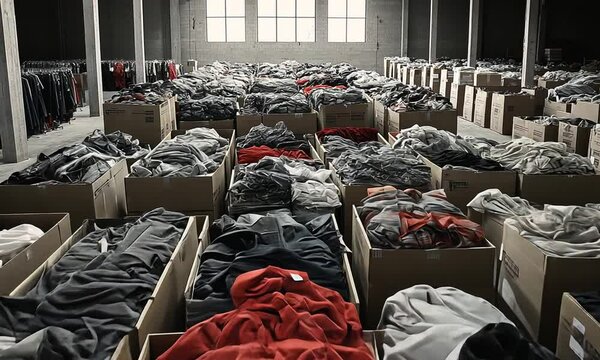 A warehouse filled with boxes of assorted clothing in various colors and styles.
