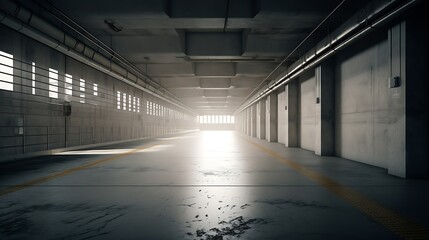 Long, dark industrial corridor with light at the end, showing aged concrete walls and floor.