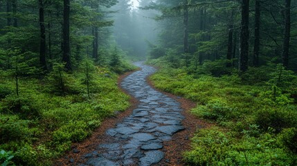 Obraz premium A winding stone path through a misty forest, surrounded by lush greenery and tall trees.