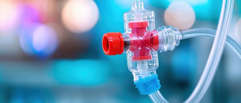 medical challenges awareness concept. A close-up of a medical device connector with red and blue components, set against a blurred, colorful background, suggesting a clinical environment.