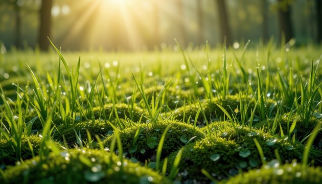 Close-up of dewy grass blades in the morning sun, with a blurred forest background. Ideal for nature, environment, and serenity-themed projects.

