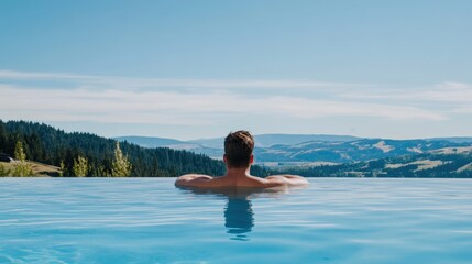 Fototapeta premium Serene Man Floating Peacefully in an Infinity Pool Surrounded by Scenic Nature and Majestic Mountains in a Cloudless Sky