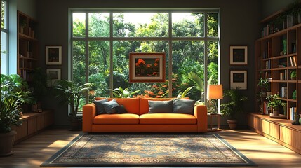 Cozy Living Room with Orange Sofa and Lush View. Concept of Relaxation, Home Decor, and Tranquility.