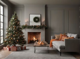 Fototapeta premium Elegant and Cozy Modern Christmas Living Room with Fireplace, Windows, Festive Decorations, and Gift Boxes under Gray Area Rug