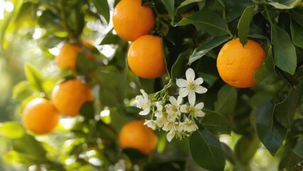Vibrant closeup of ripe oranges hanging from tree branches with green leaves and white flowers in outdoor setting.