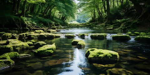 Serene river flowing through lush green forest, moss-covered rocks in crystal clear water.