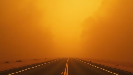 Dramatic Desert Road Under an Intense Yellow Sky During a Sandstorm

