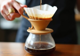 Perfectly brewing coffee with a pour-over method in a cozy kitchen setting