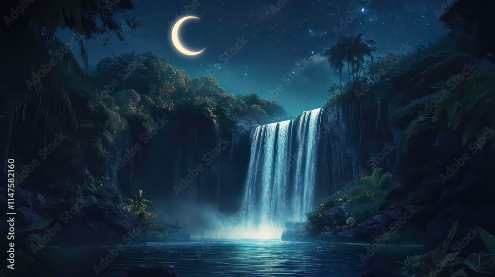 Poster Serene night scene of a waterfall cascading down lush jungle cliffs under a crescent moon.