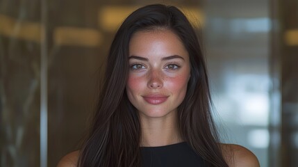 Portrait of a young woman with freckles and a subtle smile, looking directly at the camera.