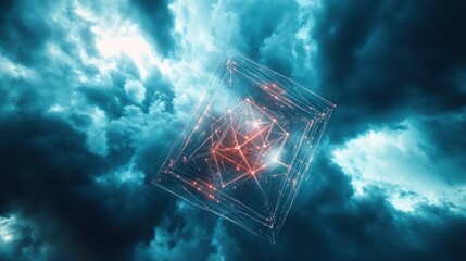 Floating Polyhedron Spinning in Electric Sky with Dramatic Clouds and Light Effects