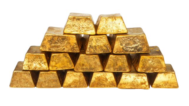 Gold bars stacked in a pyramid shape, isolated on a white background.