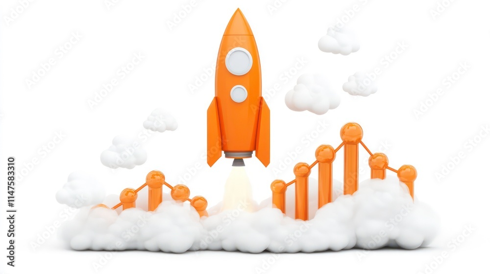 Poster orange rocket launching from clouds above upward trending bar graph.