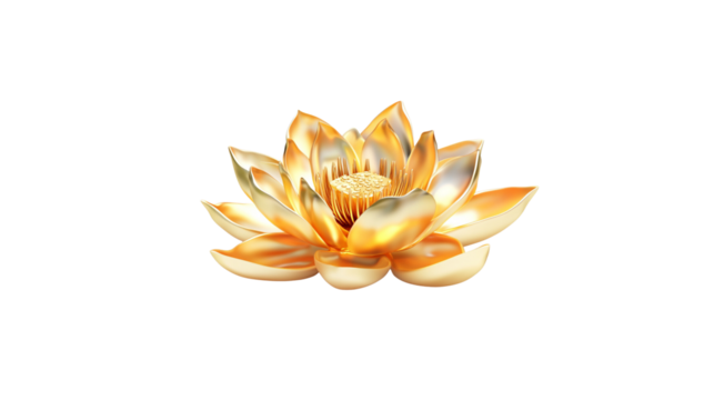 3D rendering of a golden lotus flower, isolated on a white background.