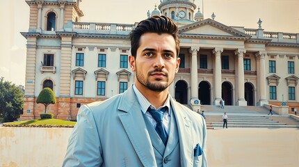 Man in a light blue suit stands in front of a large, light beige building with column