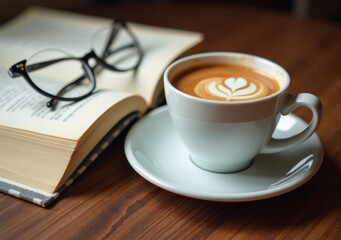 Warm coffee cup and open book with glasses resting beside them on wooden table
