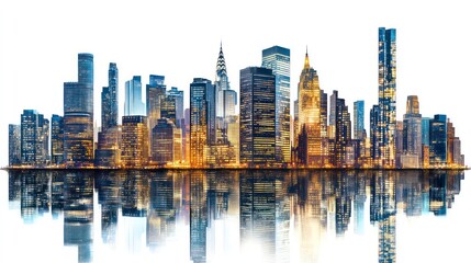 Obraz premium Night cityscape skyline reflecting on calm water, isolated on white.
